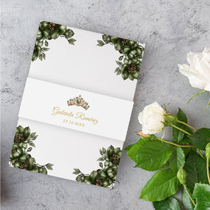 Bandeau De Faire-part Couronne de Quinceañera en Tiara Dorée Vert Émerau