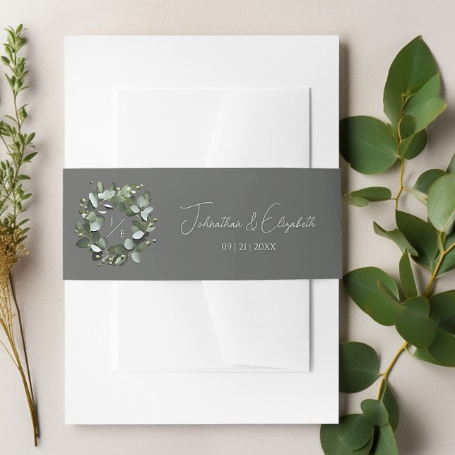 Bandeau De Faire-part Couronne Monogramme Eucalyptus moderne | Gray (Gray Modern Monogram Eucalyptus Wreath Wedding Invitation Belly Band)