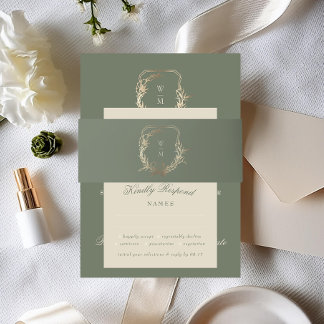 Bandeau De Faire-part Crème classique & Sage Monogram Gold Crest Mariage