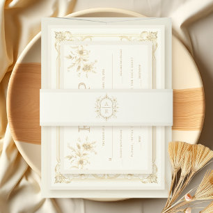 Bandeau De Faire-part Crête florale sépia avec monogramme mariage vintag