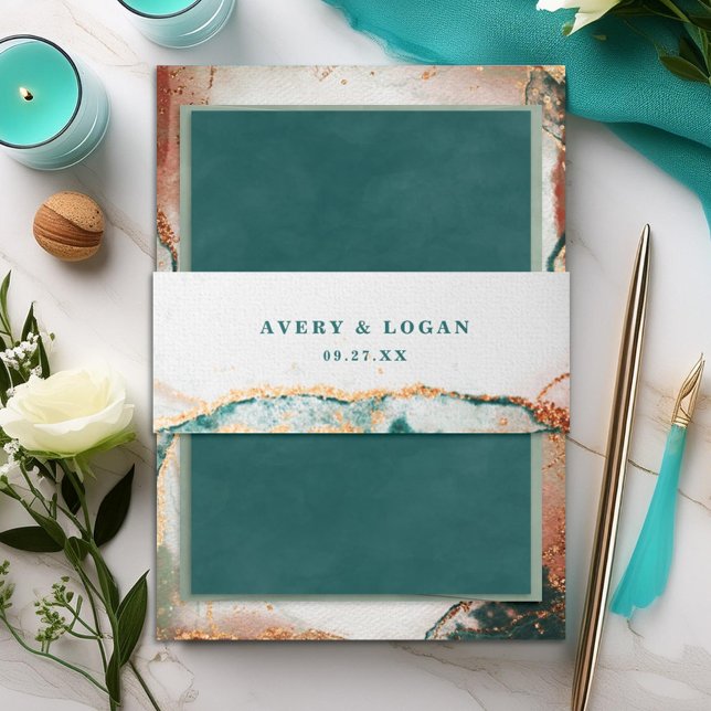Bandeau De Faire-part Cuivre Turquoise moderne et Mariage de automne or  (Elegant teal and copper wedding invitation belly band.)
