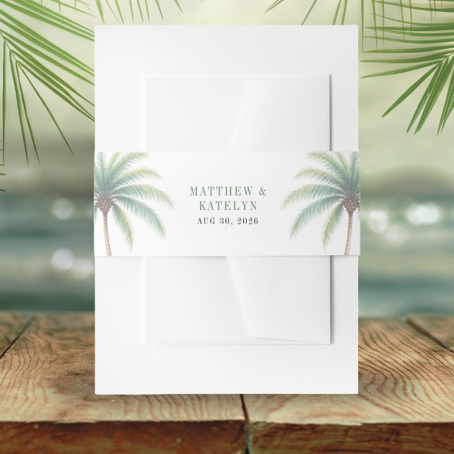 Bandeau De Faire-part Destination de mariage vert sur l'île des palmiers (Palm Tree Island Destination Green Wedding Invitation Belly Band)