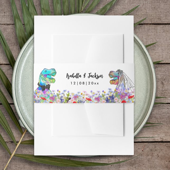 Bandeau De Faire-part Dinosaur Thème Fleur sauvage Mariage (Dinosaur themed wedding colorful T-Rex bride and groom with wildflowers custom belly band)