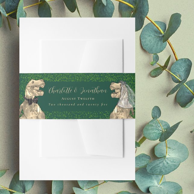Bandeau De Faire-part Dinosaur thème Mariage personnalisé (Dinosaur wedding dark green invitation custom belly bands watercolor eucalyptus foliage T-Rex dino)