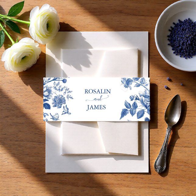 Bandeau De Faire-part Dusty Blue Toile Floral Wedding Invitation (Dusty Blue Toile Floral Wedding Invitation Belly Band)