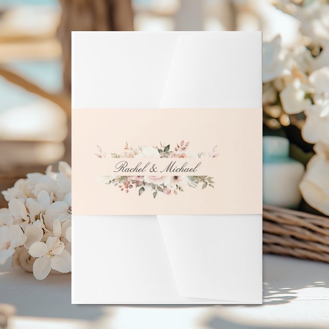 Bandeau De Faire-part Élégant, beige-abricot, pastel, bouquet de fleurs (Elegant, white, pastel, flower bouquet invitation belly band with your name.)
