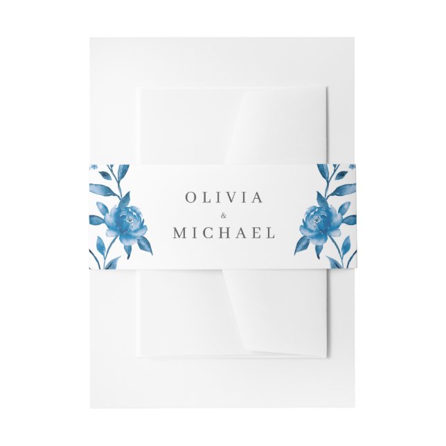 Bandeau De Faire-part Elégant bleu & blanc aquarelle mariage floral (Devant example)