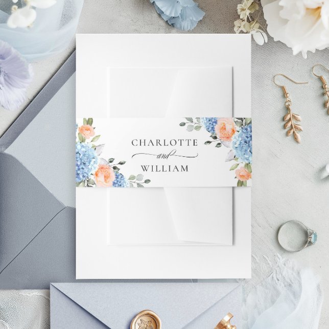 Bandeau De Faire-part Elégant bleu Hydrangea Blush rose Roses Mariage (Créateur téléchargé)