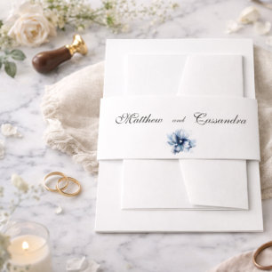 Bandeau De Faire-part Élégant Bleu Poussiéreux Marine Fleurs Mariage