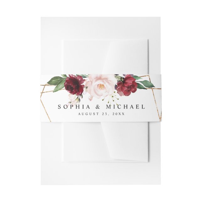 Bandeau De Faire-part Elégant Blush et Vin Floral Gold forme géométrique (Devant example)