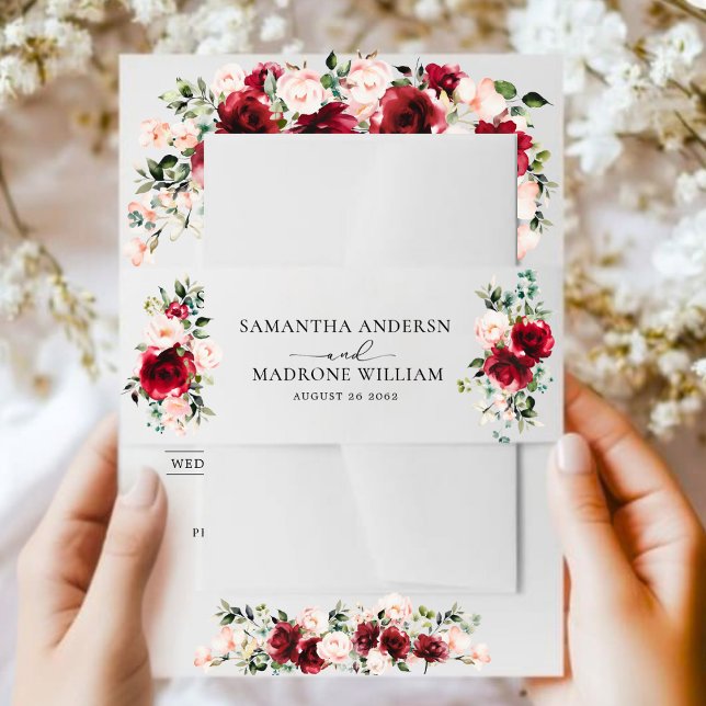 Bandeau De Faire-part Elegant Burgundy Blush Floral Roses Wedding (Créateur téléchargé)