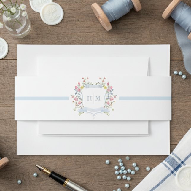 Bandeau De Faire-part Elegant Dusty Blue Pastel Wildflower Crest Wedding (Créateur téléchargé)