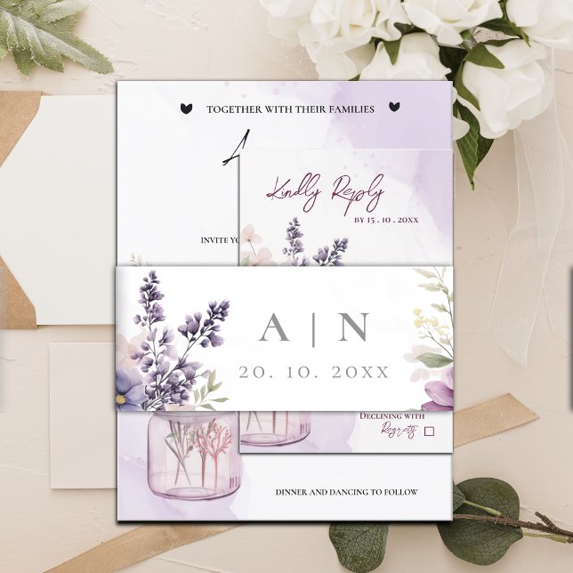 Bandeau De Faire-part Élégant Joli Monogramme violet Mariage floral (Elegant Pretty Monogram Purple Floral Wedding Invitation Belly Band)