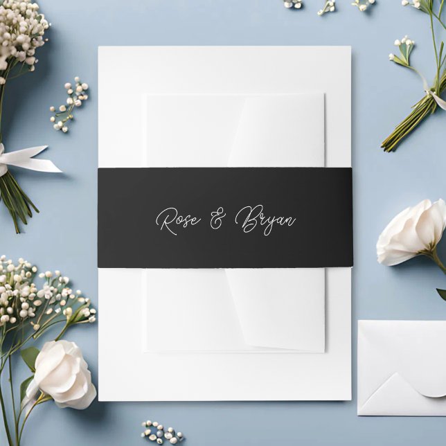 Bandeau De Faire-part Élégant Mariage à l'écriture surdimensionnée en no (Elegant black and white oversized script belly band wraps invitations with bold charm.)