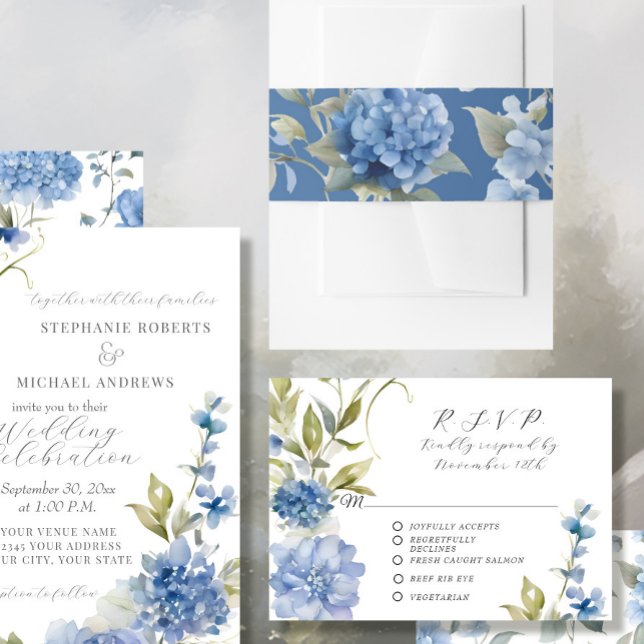 Bandeau De Faire-part Elégant Mariage d'aquarelle Floral Hydrangea bleu (Créateur téléchargé)