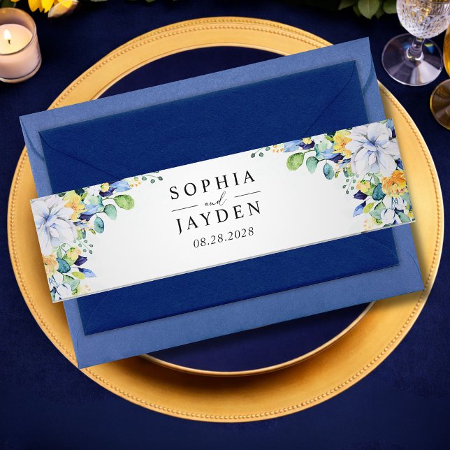 Bandeau De Faire-part Élégant monogramme de mariage floral jaune blanc (Créateur téléchargé)