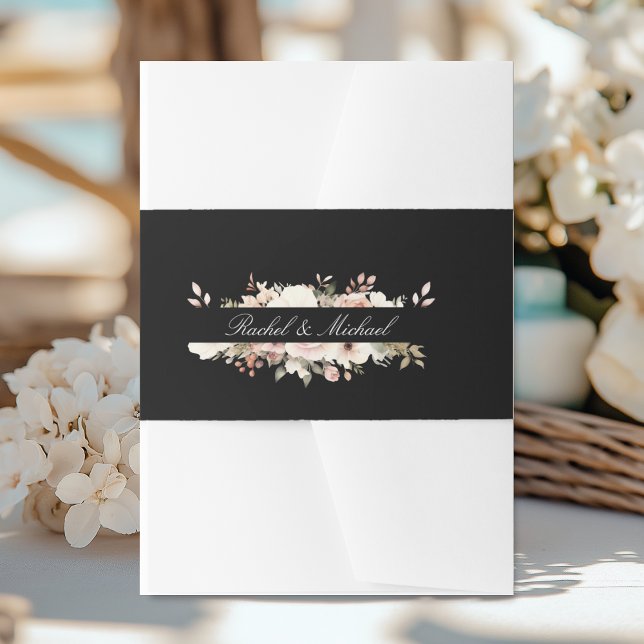 Bandeau De Faire-part Élégant, noir, pastel, bouquet de fleurs (Elegant, white, pastel, flower bouquet invitation belly band with your name.)