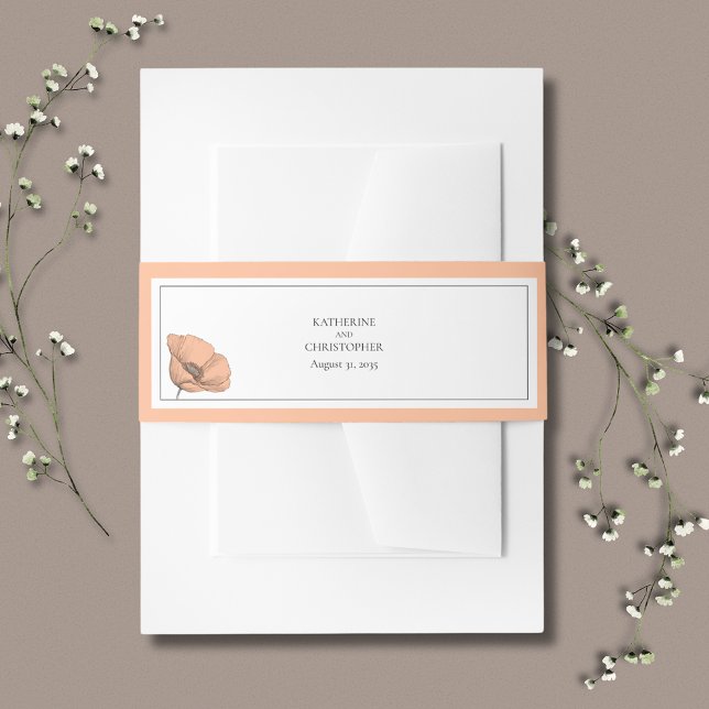 Bandeau De Faire-part Élégant Peach Poppies Floral Faire-part de mariage (Peach Poppies Floral Wedding Invitation Belly Band in the popular peach fuzz color.)