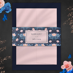 Bandeau De Faire-part Élégant rose pâle et bleu marine Mariage floral