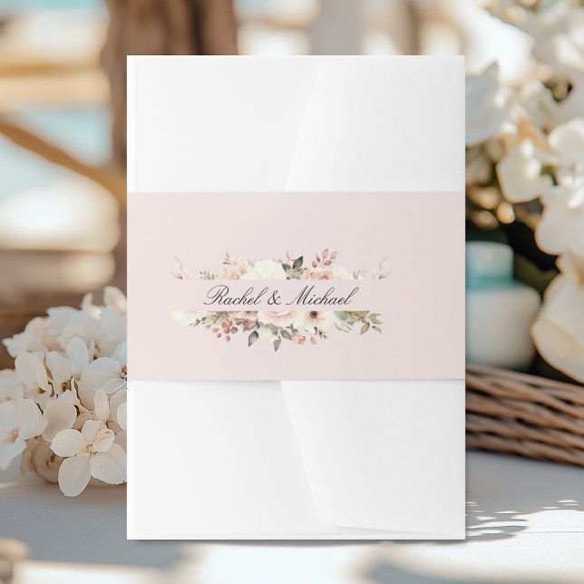 Bandeau De Faire-part Élégant, rose saumon, pastel, bouquet de fleurs (Elegant, white, pastel, flower bouquet invitation belly band with your name.)