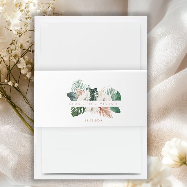 Bandeau De Faire-part Élégant, tropical, feuillus, mariage (Elegant, tropical, leafy, wedding invitation belly band with your name and date.)
