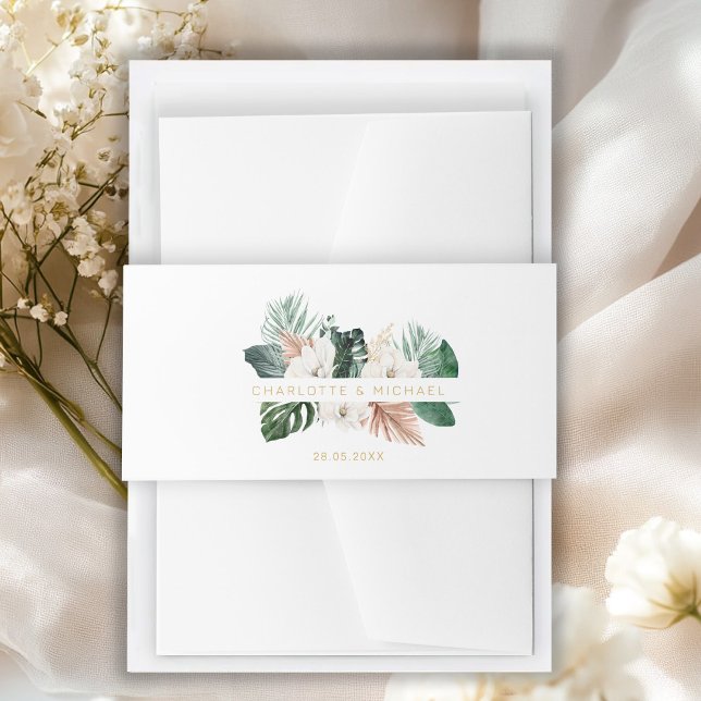 Bandeau De Faire-part Élégant, tropical, feuillus, mariage (Elegant, tropical, leafy, wedding invitation belly band with your name and date.)