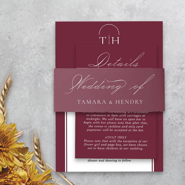 Bandeau De Faire-part Élégante calligraphie Mariage de Bourgogne (Elegant burgundy wedding invitation belly bands from my Wedding Colors collection)