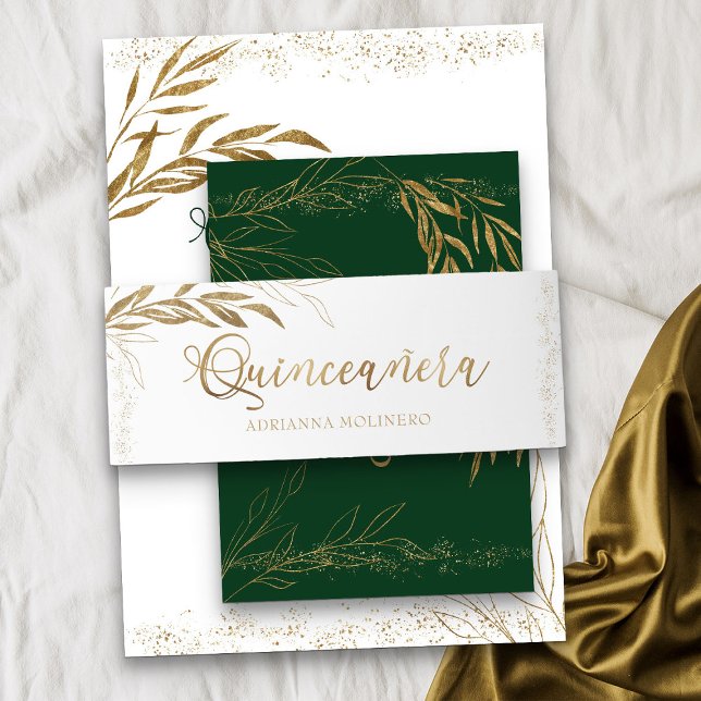 Bandeau De Faire-part Elégante feuille d'or Confetti Quinceanera (White Quinceanera invitation belly band from my Gold Leaf Quinceanera Collection)
