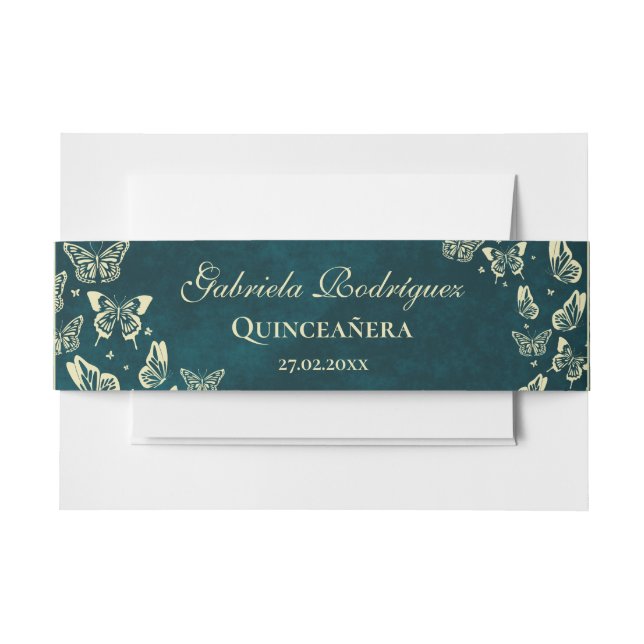 Bandeau De Faire-part Emerald Green Gold Elegant Butterfly Quinceañera (Devant Example)