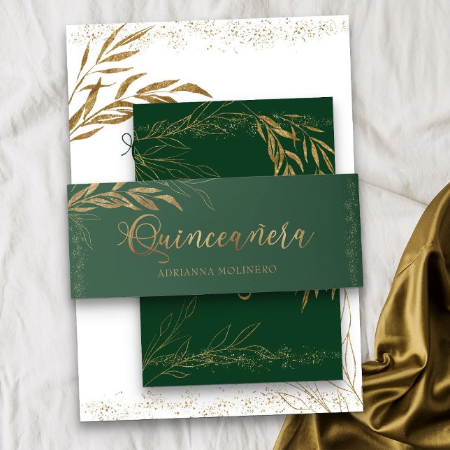 Bandeau De Faire-part Emerald Green Gold Leaf et Confetti Quinceanera (Emerald Green Quinceanera invitation belly band from my Gold Leaf Quinceanera Collection)