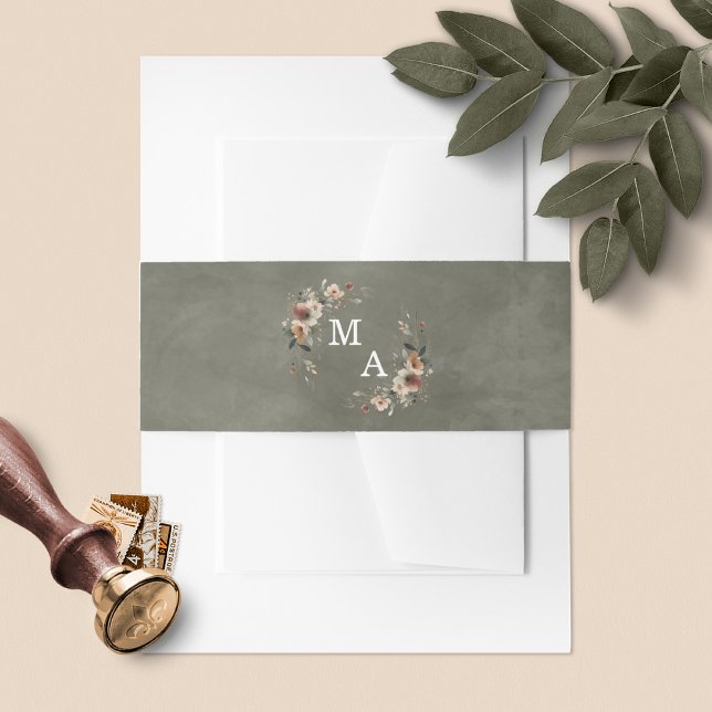 Bandeau De Faire-part Ethereal Elegance Sage Green Monogramme Mariage (Wrap your invites in style with our floral monogram belly bands, in 6 boho colorways.)