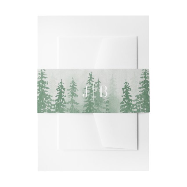 Bandeau De Faire-part Evergreens dans le brouillard forestier Monogramme (Devant example)