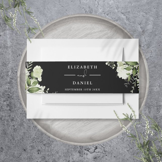 Bandeau De Faire-part Faire-part de mariage Floral Noir Et Blanc (Greenery Floral Black And White Wedding Invitation Invitation Belly Band)