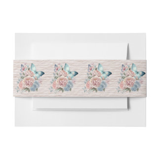 Bandeau De Faire-part Fleurs roses et bleues et papillon