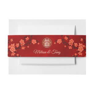 Bandeau De Faire-part Fleurs rouges Or Coutume de mariage chinoise