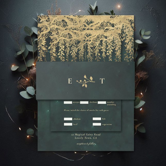Bandeau De Faire-part Forêt Enchantée Mariage Vert doré Suspendu (enchanted forest wedding invitation belly band botanical gold initials moody emerald green)