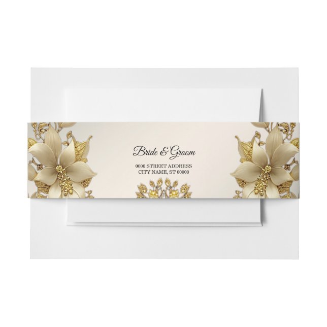 Bandeau De Faire-part Golden Floral Invitation Belly Band (Devant Example)