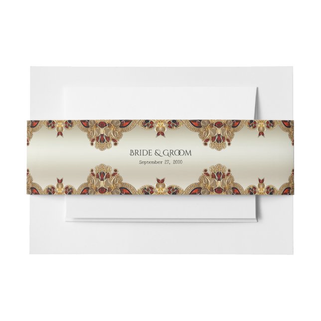 Bandeau De Faire-part Golden Flowers Red Gemstone Invitation Belly Band (Devant Example)