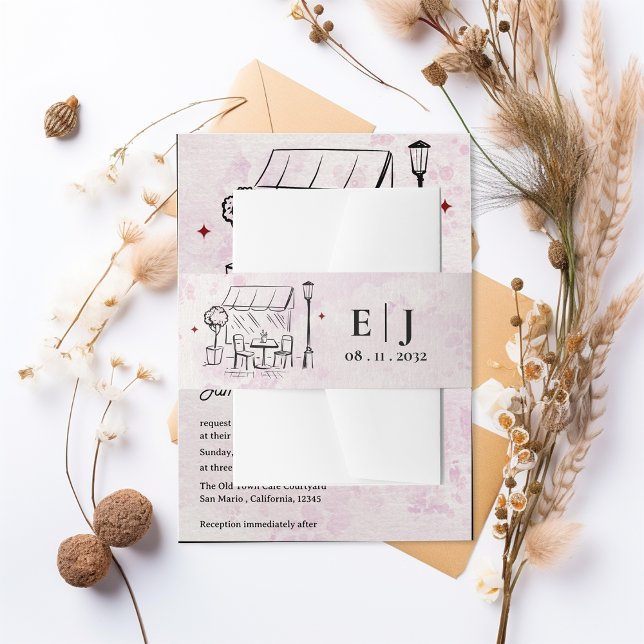 Bandeau De Faire-part Illustration de café romantique Monogramme Mariage (Romantic Café Illustration Monogram Wedding Invitation Belly Band)