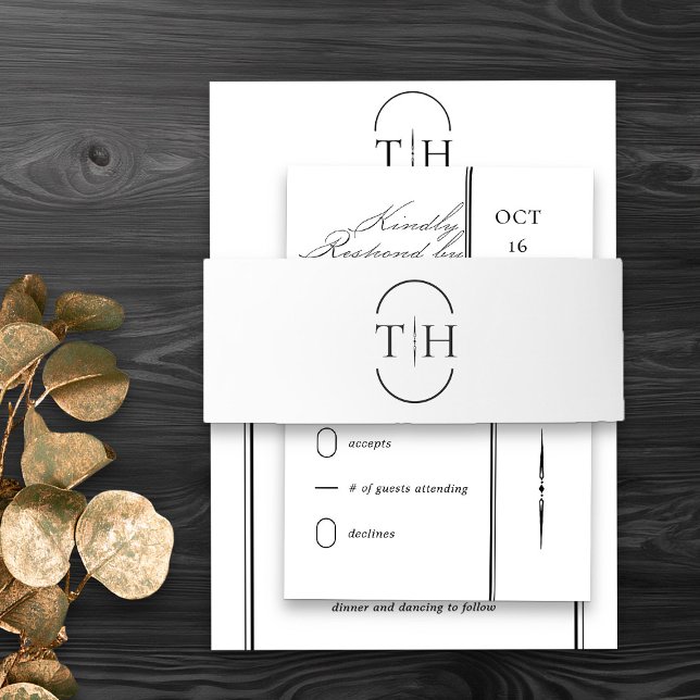 Bandeau De Faire-part Initiales monogrammes Mariage blanc (Monogrammed wedding invitation belly band in black and white from my Wedding Colors Collection)