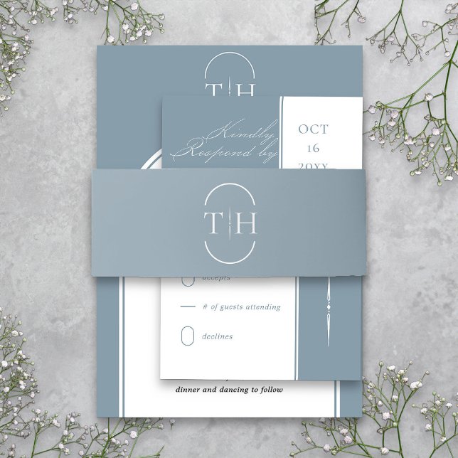 Bandeau De Faire-part Initiales monogrammes Mariage bleu poussiéreux (Dusty Blue Monogrammed wedding invitation belly band  from my Wedding Colors Collection)