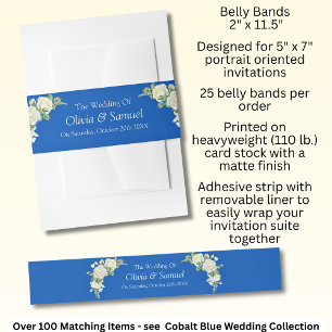Bandeau De Faire-part Invitation Bande Belly Cobalt Roses Bleues et Blan