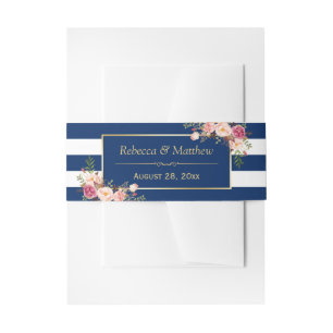 Bandeau De Faire-part Le bleu marine floral rose d'or barre le mariage