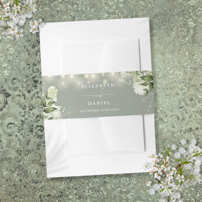 Bandeau De Faire-part Lumières de verdure vert sauge mariage (Sage Green Greenery String Lights Wedding Invitation Belly Band)