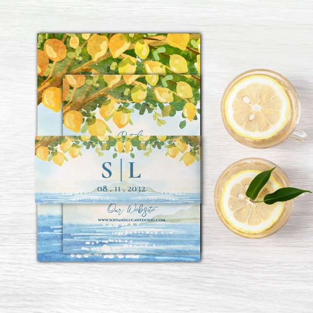 Bandeau De Faire-part Mariage au bord de la mer dans un bosquet de citro (Mediterranean Lemon Grove Coastal Wedding Invitation Belly Band)