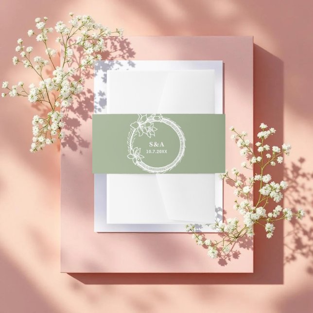 Bandeau De Faire-part Mariage blanc vert Monogramme Wreath (Créateur téléchargé)
