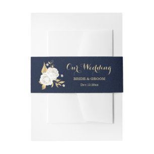 Bandeau De Faire-part mariage bleu marine floral or blanc