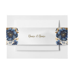Bandeau De Faire-part Mariage Bleu Nuit Blanc Floral Doré Argenté