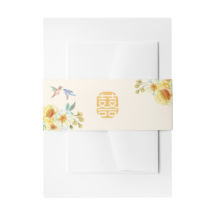Bandeau De Faire-part Mariage chinois jaune bleu floral oiseau