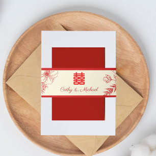 Bandeau De Faire-part Mariage chinois rouge beige floral oriental